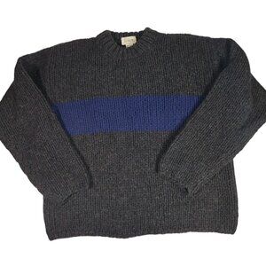 VTG J.CREW Mens 90's Grey Blue Stripe Wool Hand Knit Chunky Sweater - Size Large